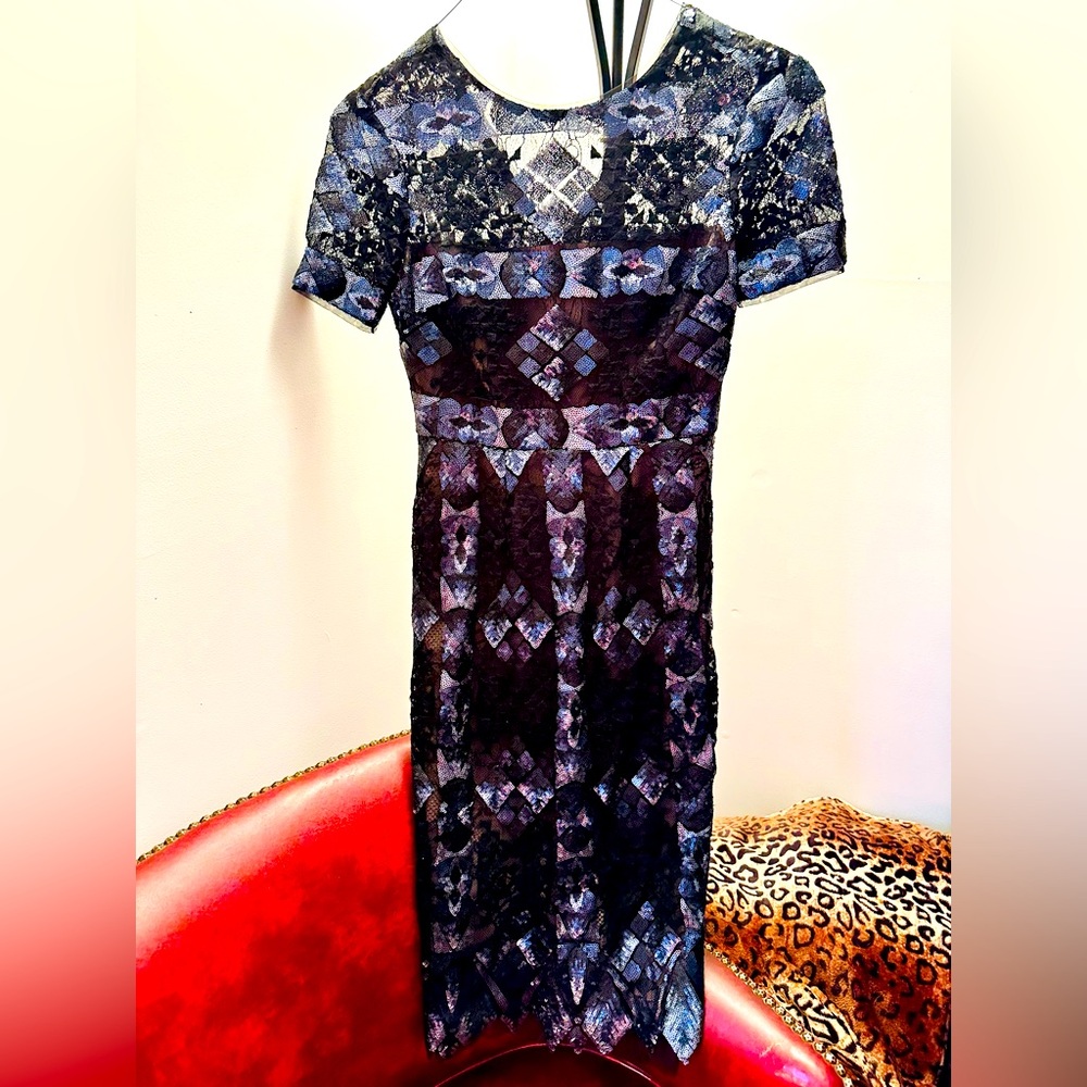 BCBGMAXAZRIA Samara Gunmetal Combo Lace and Sequined Evening Dress, Size 0